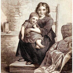 The Little Nurse With Child Steel Engraving 1859 Victorian Medical Art DWY5E